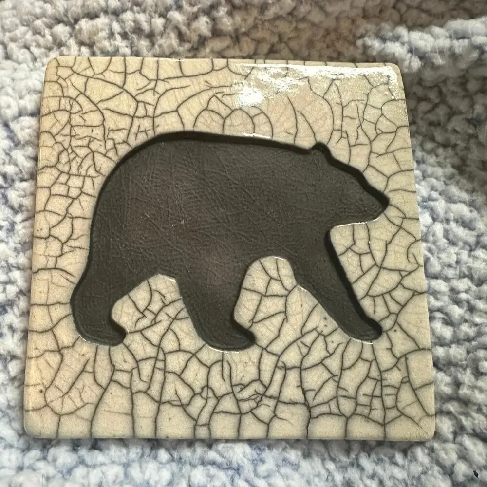 Handmade Tile W/ Black Bear Cut Out Native American Wilderness Stamped by Artist